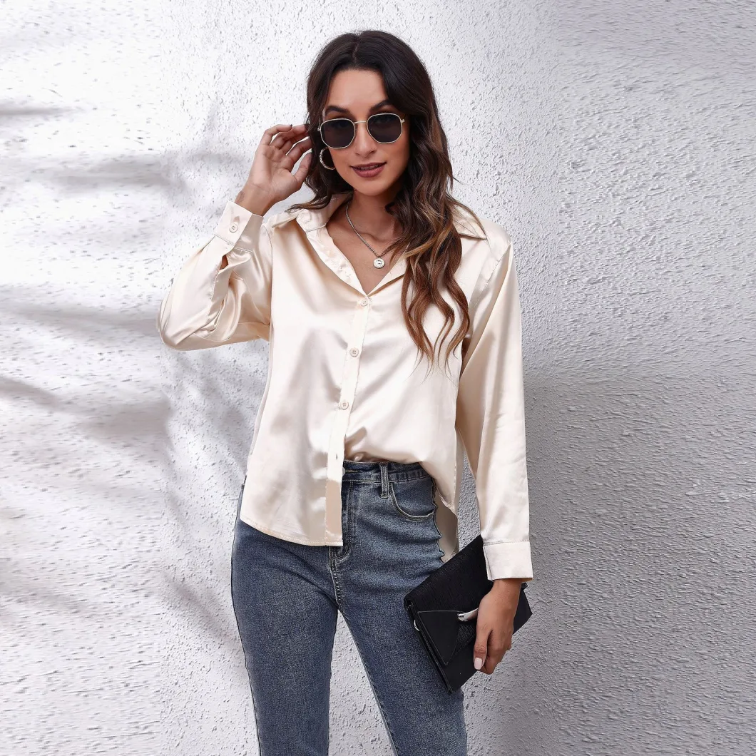 Spring Summer Elegant Office Ladies Work Shirt Women Blouse Long Sleeve Satin Silk Women Shirt