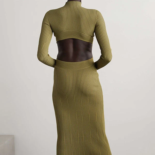 Knitwear Mufacturers Soft Green Cutout Ribbed-Knit MIDI Sweater Dress