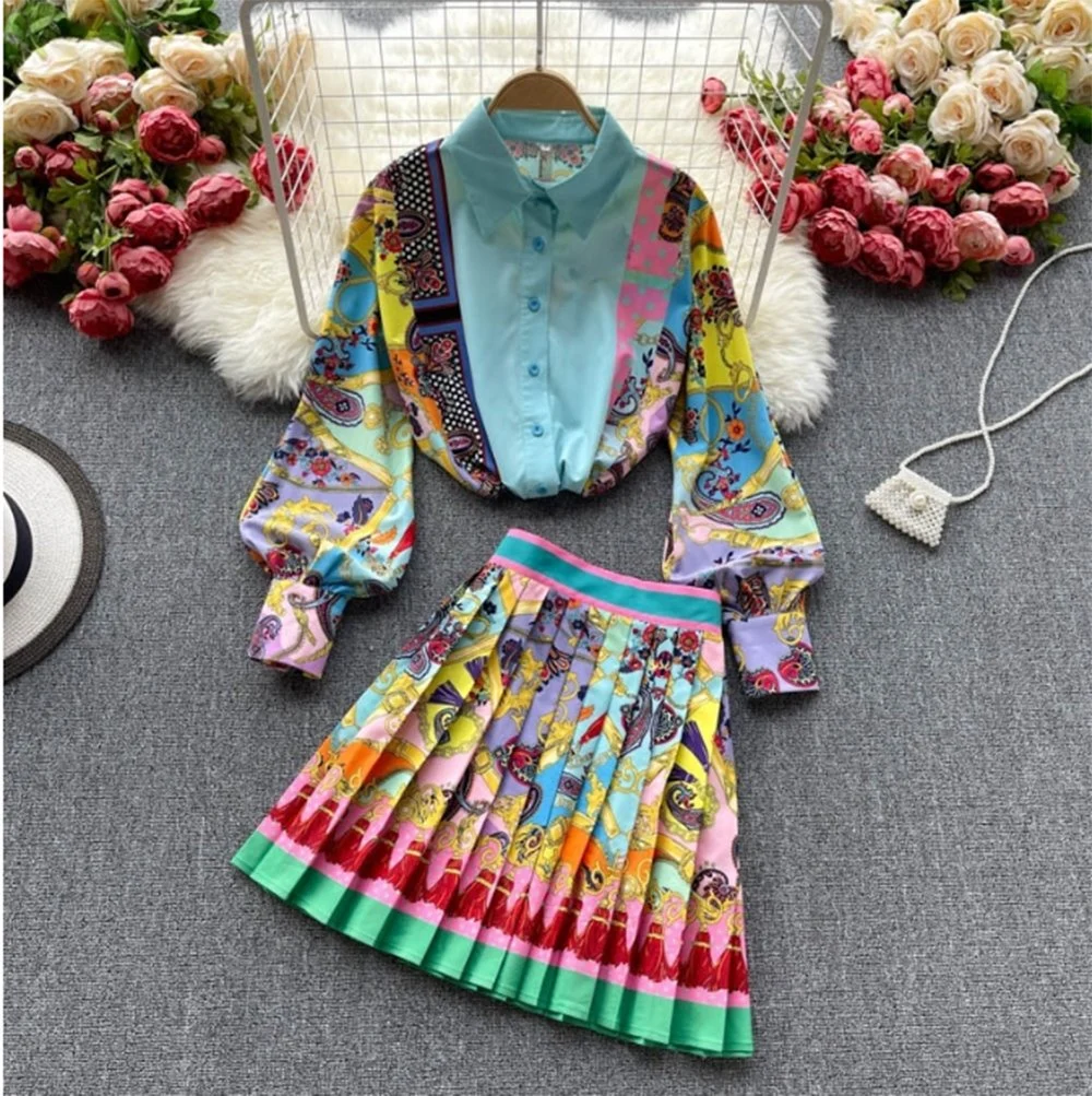 Spring 2022 Fashion Women Print T-Shirt High Waist Pleated Skirt High-End Two-Piece Dress