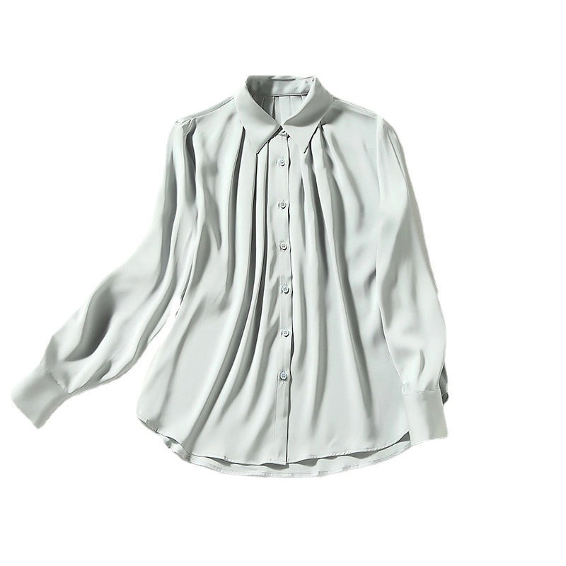 Spring 2022 Long-Sleeved Lapel Lace Single Breasted Silk Shirt Loose Large Size Women Blouse