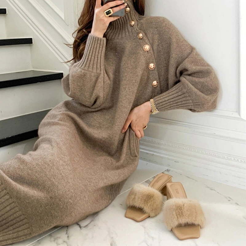 Wholesale Autumn Winter Women Knit Dress with Belt Button French Style Elegant Solid Color Sweater Long Dress