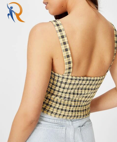 Women Colorful Tank Top Yellow & Black Plaid Tee Rtm-301