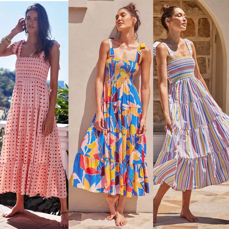 2022 Summer Long Backless Beach Bohemian Dresses Ladies Straps Square Neck Floral Maxi Casual Boho Maxi Dress with Logo Print