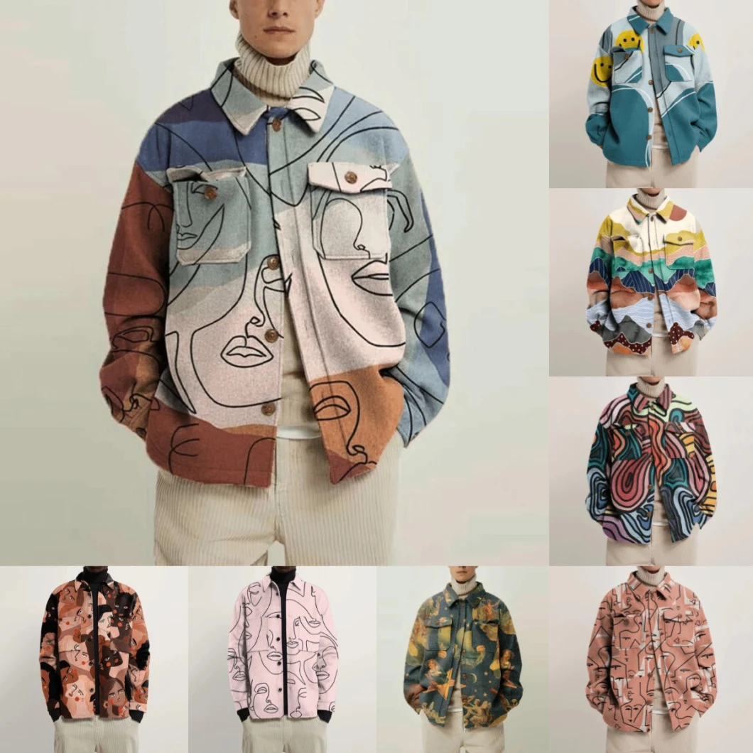 Casual Digital Printed Geometric Pattern Jacket Single Breasted Lapel Style Coat for Men with Pocket