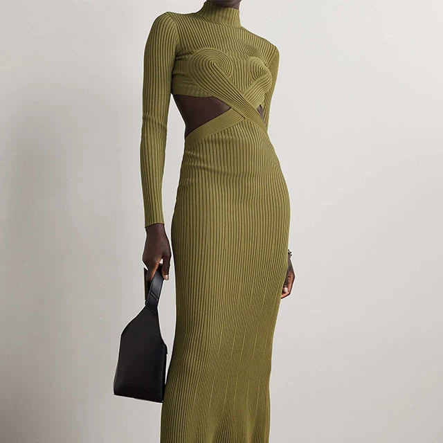 Knitwear Mufacturers Soft Green Cutout Ribbed-Knit MIDI Sweater Dress