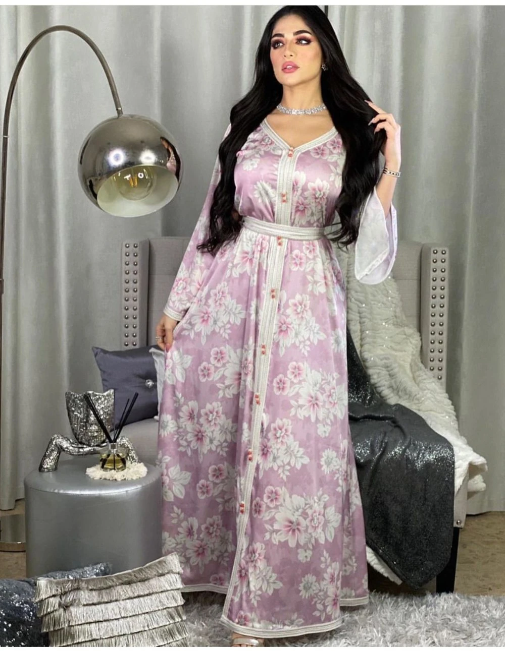 Women′s Print Crushed Lace Muslim Robe Long Dresses