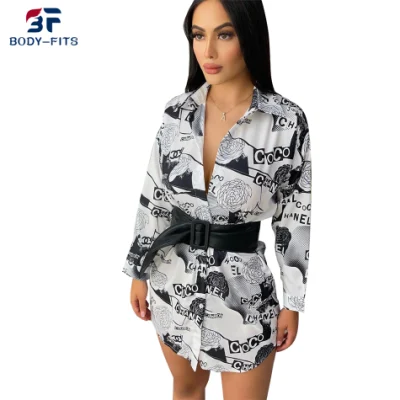 Abito da camicia elegante con stampa di design con bottoni a maniche lunghe con marchio da donna