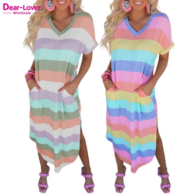 Dear-Lover Clothing T-shirt da donna con tasche laterali divise a righe multicolori