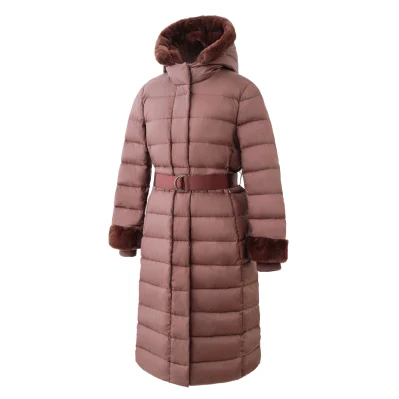 Giacca classica alla moda da donna, cappotto invernale in vera piuma, popolare capospalla in morbida pelliccia sintetica con cappuccio e cintura, polsini antivento