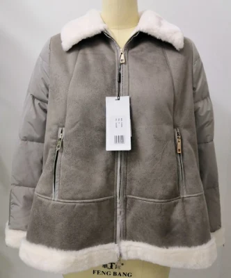 Piumino ampio da donna alla moda con design combinato in pelle di pecora, capispalla, cappotto invernale