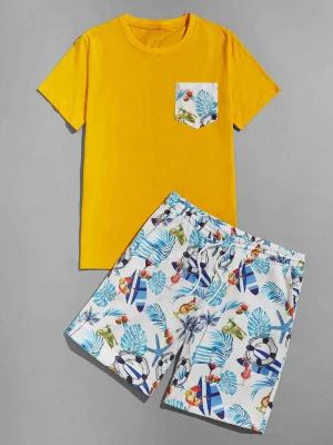 T-shirt da uomo girocollo con stampa grafica e shorts con coulisse in vita