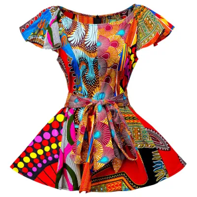 Camicetta africana moderna con disegni di camicette da donna con stampa a cera, camicia da donna africana a maniche corte, con cravatta sul davanti, raccolta in vita